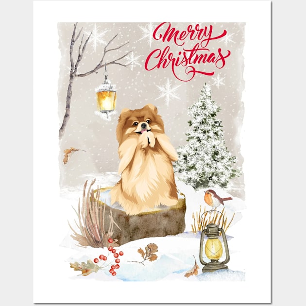 Cute Pomeranian Merry Christmas Santa Dog Wall Art by Puppy Eyes